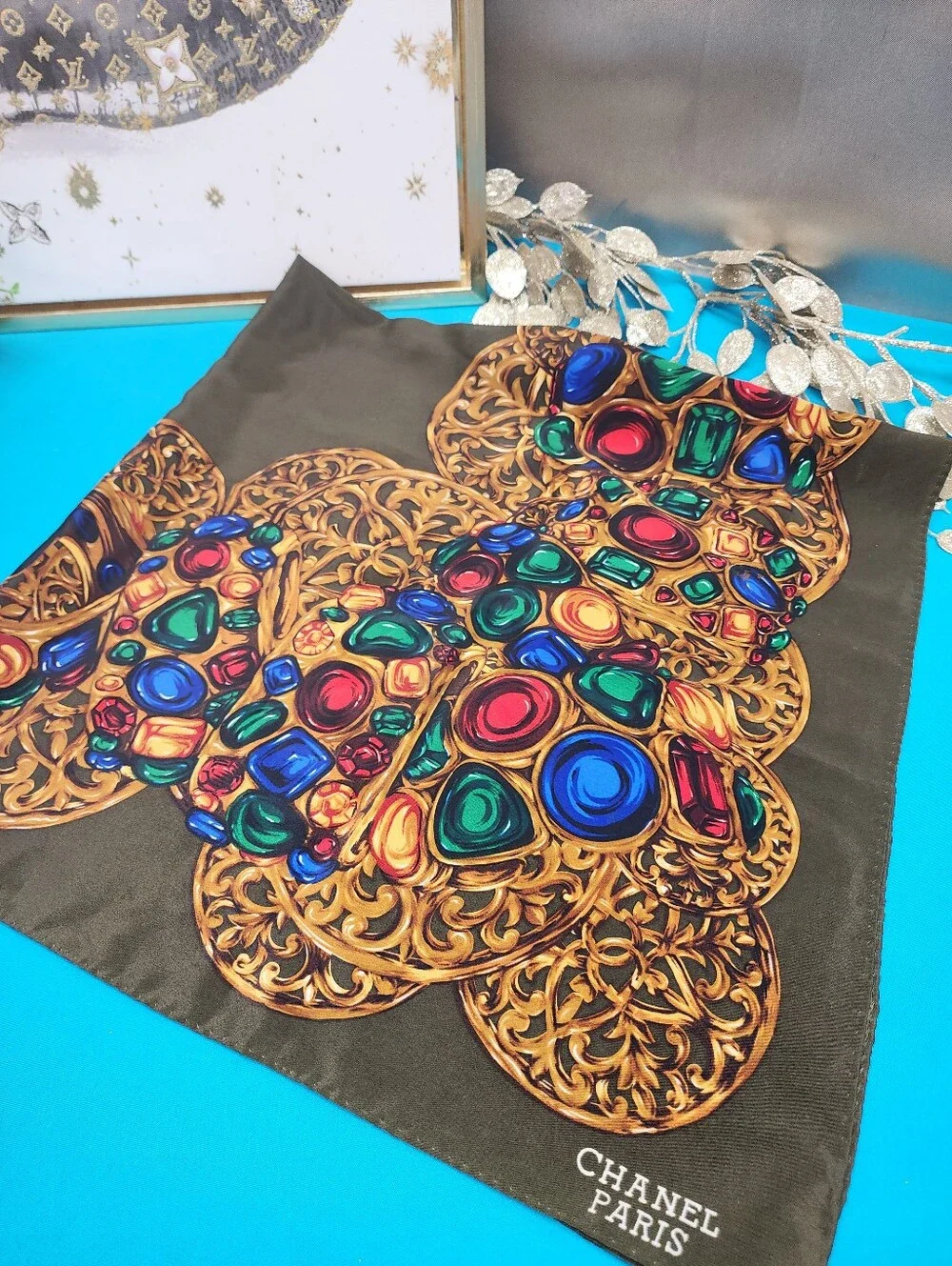 Authentic Vintage Chanel Paris Silk Jeweled Scarf